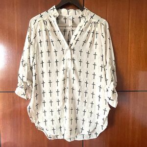Yahada Women's Tunic Cross Print Blouse Sheer Top Size M